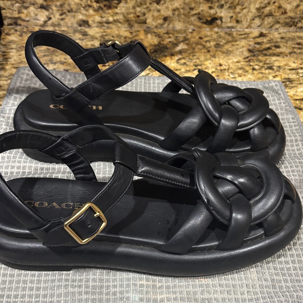 Coach Black Braided Leather Platform Sandals